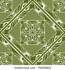 Decorative background, geometric floral pattern with ornate lace frame. Bandanna shawl, fabric print, silk neck scarf, tablecloth design