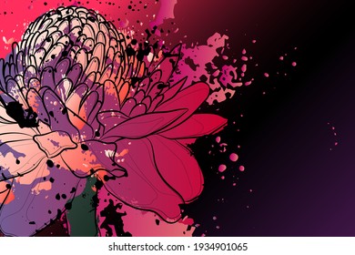 Decorative background with ginger flower. Card template design. Vector illustration.