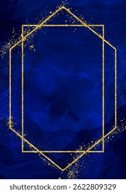 Decorative background with a gold glittery frame on a dark blue alcohol ink design