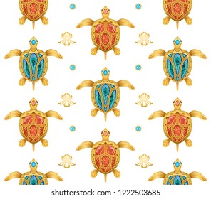 decorative background of golden turtles on a white background