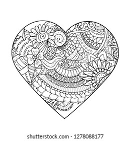 Decorative background with graphic zentangle patterned heart 