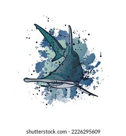 Decorative background with hammerhead shark and splashes. Card template design. Vector illustration.