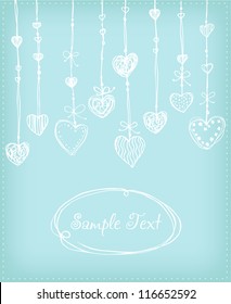 Decorative background with hand drawn tender white hearts. Template for design greeting card with illustration and text frame