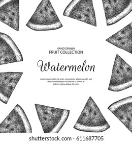 Decorative background with hand drawn watermelon. Created by ink and pen sketch. Can be label and banner for natural or organic fruit product and health care goods.