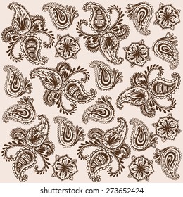 Decorative background Hand-Drawn Henna Mehndi Abstract Mandala Flowers and Paisley Doodle Vector Illustration Design Elements