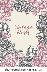 Decorative background with hand-drawn vintage roses, frame with place for text, for wedding, valentine's day, women day or any romantic event. Vector illustration. Grey and pink flowers, engraving.