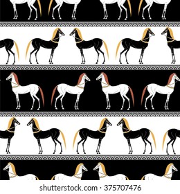 Decorative background with horse silhouette. Seamless pattern. Greek ancient style. Hand drawn illustration. Good for background, cover, fabric, textile, wallpaper.