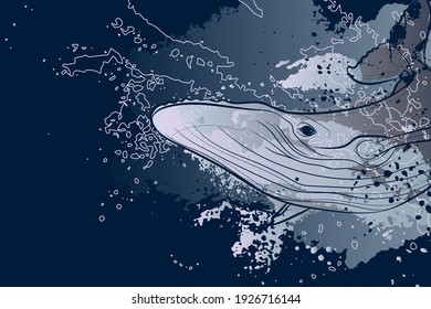 Decorative background with humpback whale. Card template design. Vector illustration.