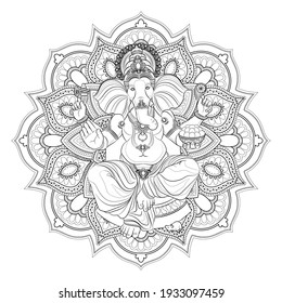 Decorative background with Indian God Ganesha and mandala. Line drawing. Black and white illustration. Vector.