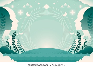 Fondo decorativo inspirado en meridianos de energía, geometría de mandala y símbolos espirituales naturales.