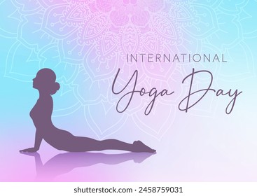 Decorative background for International Yoga Day with silhouette of a female in a yoga pose