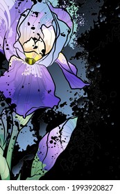 Decorative background with iris flower. Card template design. Vector illustration.