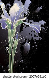 Decorative background with iris flower. Card template design. Vector illustration.