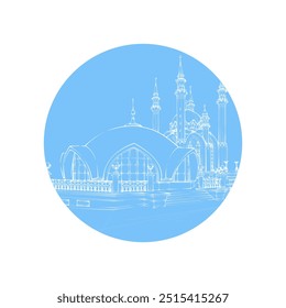 Fundo decorativo com Mesquita Kul Sharif em círculo azul. Design de modelo de cartão. Ilustração vetorial.