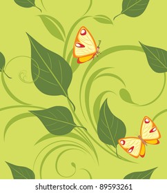 Decorative background with leaves and butterflies. Vector