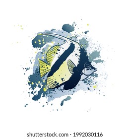 Decorative background with longfin bannerfish (Heniochus acuminatus). Card template design. Vector illustration.