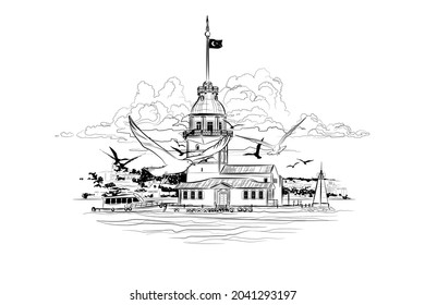 Decorative background with Maiden's Tower (Turkish: Kız Kulesi). Urban sketch with landscape of the Istanbul, Turkey. Card template design. Graphic drawing. Vector illustration.