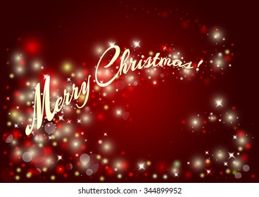 Decorative background for a Merry Christmas Greeting card with shiny text and flare lights. Blurred background with lights, shining stars, sparkling inscription on red