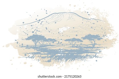 Decorative background with mount Kilimanjaro. African landscape. Card template design. Vector illustration.