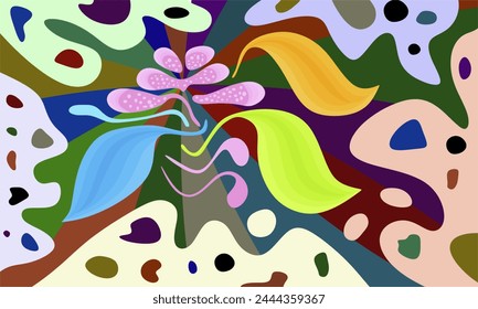 Decorative background with nature concept, abstract pattern of colorful flowers and leaves. Flat vector design.