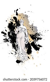 Decorative background with nymph (sculpture) and splashes. Card template design. Vector illustration.