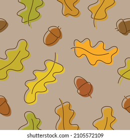 Decorative background with oak plant parts, seamless pattern.