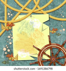 Decorative background on the marine theme. Ship steering wheel, fish, air bubbles in the water, ropes, aged texture, crumpled sheet of paper and more. Vector illustration