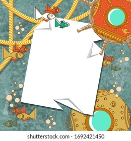 Decorative background on the marine theme. Fish, air bubbles in the water, ropes, aged texture, diving helmet, crumpled sheet of paper and more. Vector illustration