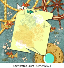 Decorative background on the marine theme. Ship steering wheel, fish, air bubbles in the water, ropes, aged texture, diving helmet, crumpled sheet of paper and more. Vector illustration