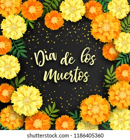 Decorative background with orange marigolds, symbol of mexican holiday Day of dead. Vector illustration.