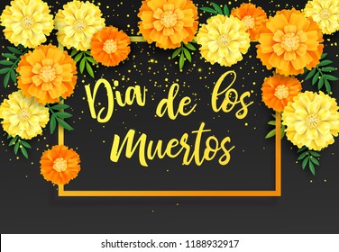 Decorative background with orange marigolds, symbol of mexican holiday Day of dead. Vector illustration.