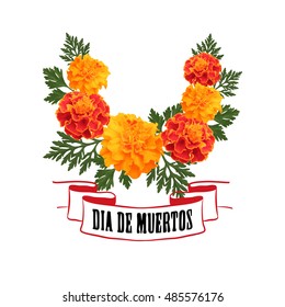 Decorative background with orange marigolds, symbol of mexican holiday Day of dead. Vector illustration.