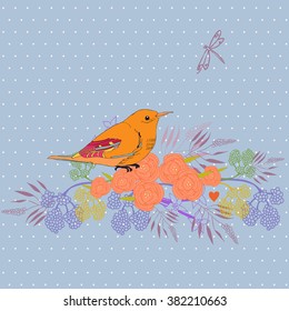 Decorative background with ornamental orange bird and branch with pink flowers. Vector for design