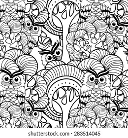 decorative background owls and trees in cartoon style