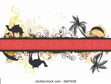 Decorative background with palm trees and camels