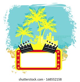 decorative background with palm trees, grunge circles and movie clapper board 