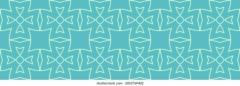 Dekoratives Hintergrundmuster mit geometrischen Ornamenten auf blauem grünem Hintergrund. Nahtloses Muster, Textur. Vektorgrafik für Design.