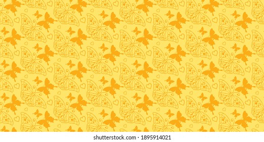Decorative background pattern. Orange butterflies on a yellow background. Seamless wallpaper texture. Vector image
