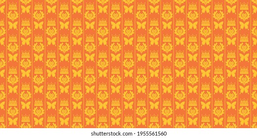 Patrón de fondo decorativo adornado con adornos florales y mariposas sobre un fondo naranja, papel pintado. Patrón sin brillo, textura para tu diseño. Imagen del vector