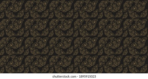 Decorative background pattern. Ornament with gold butterflies on a black background. Seamless wallpaper texture. Vector graphics