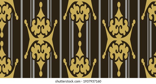 dekoratives Hintergrundmuster mit orangefarbener goldener Ornamentation auf schwarzem Hintergrund. Nahtloses Muster, Tapetenstruktur. Vektorbild