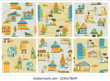 Decorative background pattern set with houses. Colorful handdrawn buildings at seamless banner collection, vector illustration. Flat town street at decoration design