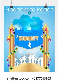 Decorative background of peace day with gilding. Vector blue background for International Day of peace. Concept illustration with dove of peace, olive branch and hand written text.