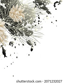 Decorative background with pine branch and pine cones. Card template design. Vector illustration.