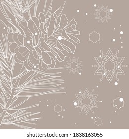Fondo decorativo con ramas de pino y copos de nieve. Ilustración vectorial.