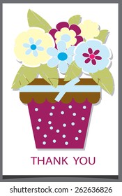 decorative background with a postcard and a vase with flowers and the words thank you