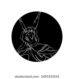Decorative background with Psyche revived by the kiss of Love (Marble statue) in black circle. Graphic drawing. Vector illustration.