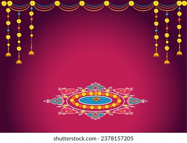 Decorative background with rangoli, diya and toran.