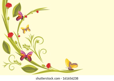 Decorative background with red flowers and butterflies. Vector