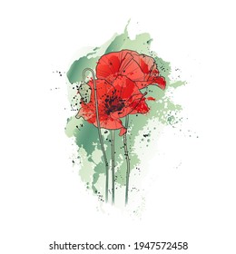 Decorative background with red poppy flowers. Card template design. Vector illustration.